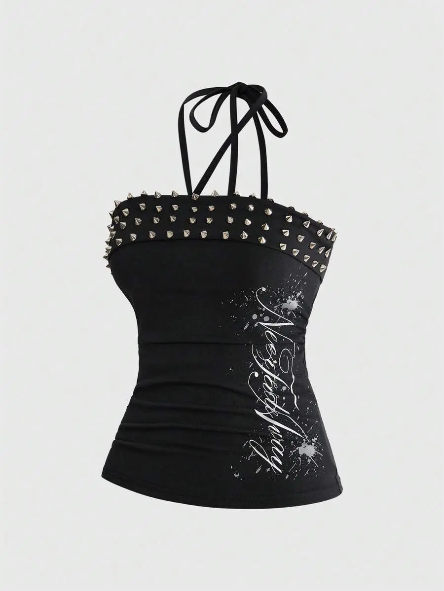 Y2K Women's Slogan Print Punk Studded Bandeau Top With Slit