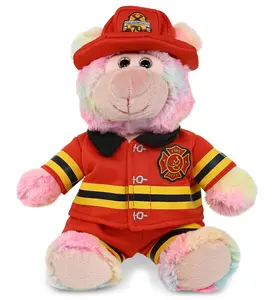 DOLLIBU 9" Realistic Polyester Stuffed Fireman Rainbow Bear - Super-Soft Removable Suit Plush Toy for Ages 0+