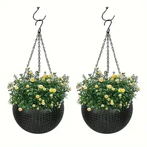 Elegant Polypropylene Self-Watering Hanging Planters with Rattan Design - Easy Drain Plug for Efficient Watering, Ideal for Indoor & Outdoor Home & Office Spaces, Hanging Plant Basket