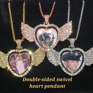 Double Sided rhinestone Memorial Heart Necklace with Swivel Design Custom Photo Pendant Custom picture pendant necklace with free chain day  gift unique jewelry