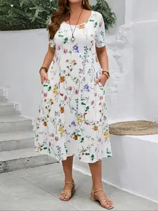 Elegant Plus Size Women's Printed Floral Leaf Casual Round Neck Short Sleeve Dress, Stylish Summer Fashion, Comfortable and Chic