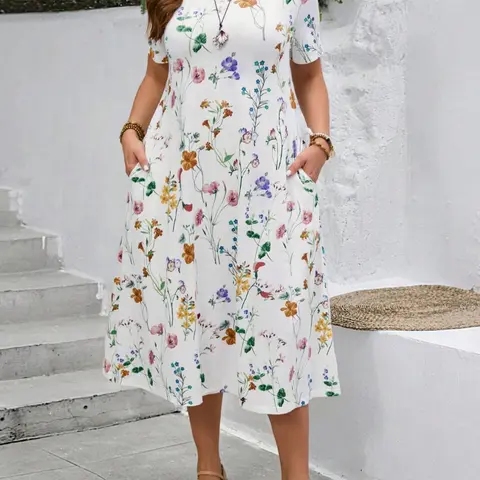 Elegant Boho Style Vintage Floral Bohemian Plus Size Women's Printed Floral Leaf Casual Fit Round Neck Short Sleeve Dress, Stylish Summer Fashion, Comfortable and Chic, Casual Wear