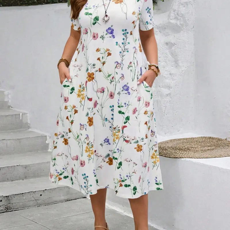 Elegant Boho Style Vintage Floral Bohemian Plus Size Women's Printed Floral Leaf Casual Fit Round Neck Short Sleeve Dress, Stylish Summer Fashion, Comfortable and Chic, Casual Wear