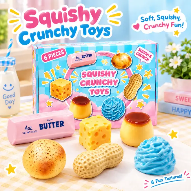 6-Piece Boxed Food-Shaped ASMR Sound Fidget Set, Squishy Crunchy Stress Relief Sensory Decompression Tools, Whimsical Gifts, Toys for Grown Ups, Sensory Room Supplies