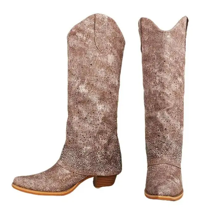 Women's Classic Rhinestone Denim Mid-Calf Western Booties - Sparkly Fold Over Cowgirl Footwear, Rubber-Soled Shoe
