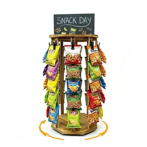 Chip Rack Display Stand, 5-Tier Snack Organizer with 40 Clips, 360°Rotating Wooden Base Chip Holder Display, Chip Stand for Countertop, Concession Stand, Retail, Office, and Party