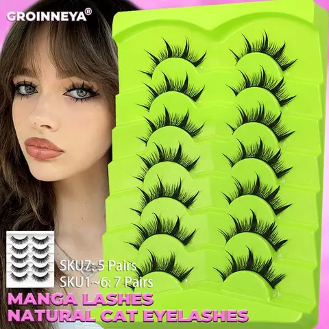 GROINNEYA 5 Pairs/7 Pairs Spiky Manga Lashes Feline Lash Look 8D Wispy Faux Mink Lashes Anime Thick Eyelashes Full Strip Doll False Eyelashes, Volume False Eyelashes, Cosmetic False Lashes, Falsies Eyelashes, Suitable For Christmas Party or Cosplay Anime