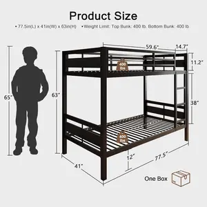 Bunk Bed Twin Over Twin, Heavy Duty Metal Bed with Ladder and Full-Length Guardrail, Under-Bed Storage Space, No Box Spring Needed, Noise Free, Black