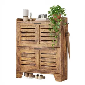 Garvee Narrow Shoe Cabinet for Entryway with 2 Flip Drawers, Slim Farmhouse Style Thin Shoe Organizer Cabinet with Hooks for Entrance, Hallway, or Front Door in Gray or Rustic Brown Finish
