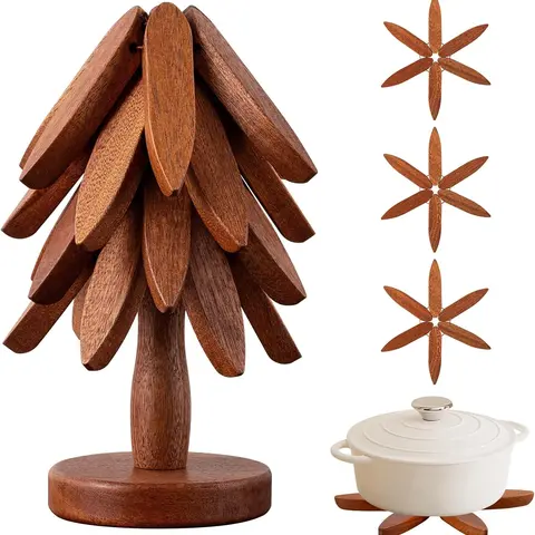 Solid Wood Trivets Set - 4 Heat-Resistant Mats + 1 Collapsible Tree-Shaped Stand, Dining Room Kitchen Protectors That Protects Glass/Wood, Charming Holiday Gift Idea