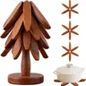 Solid Wood Trivets Set - 4 Heat-Resistant Mats + 1 Collapsible Tree-Shaped Stand, Dining Room Kitchen Protectors That Protects Glass/Wood, Charming Holiday Gift Idea