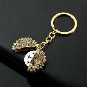 Retro Sunflower Pendant Keychain,DIY Key Ring With Slogan Engraved Pendant, Ideal Metal Keychain Gift For Men & Women