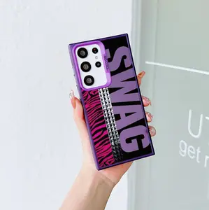 Hot Pink Zebra Print Phone Case for Samsung Galaxy S26 S25 S24 S23 S22 Ultra, Studded SWAG Typography Square Case, Aesthetic Protective Silicone Cover, Shockproof & Durable