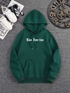 Men's 2-Piece Edgy Streetwear Hooded Jacket and Pants Ensemble - Longsleeves Casual Menswear, Distressed Los Angeles Design, Bold Typography for City Standout Look