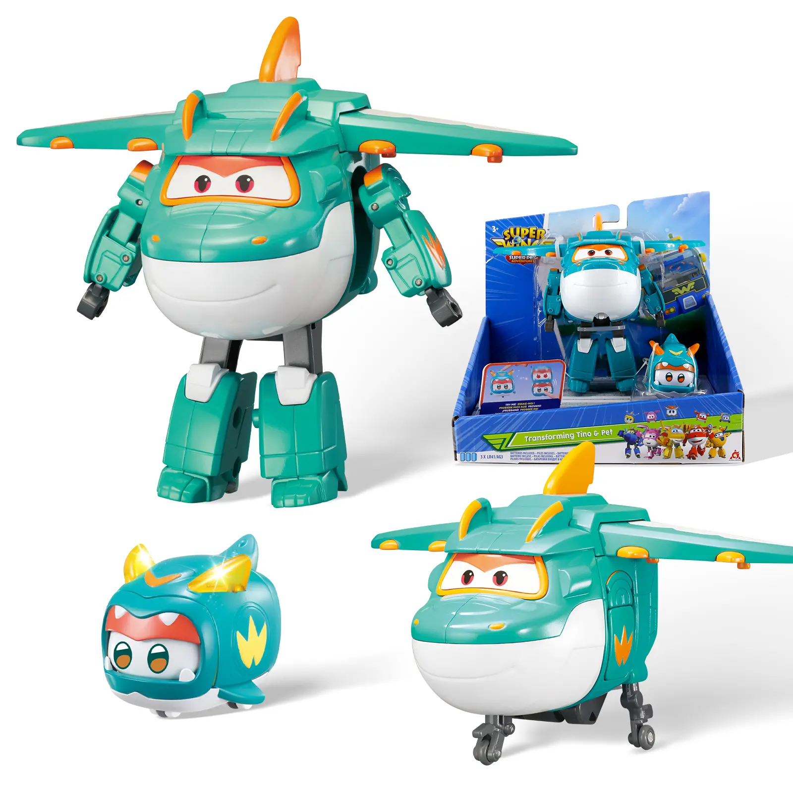 Super Wings 5" Transformable Toys Tino & Mini Tino Pet, 3 in 1 Transforming Dinosaur Airplane Robot, Educational Action Figure for Boys Girls Age 3+, Dinosaur Toy for Preschool Play