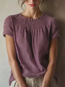Women's Vintage Chic Pure Color Linen-Style Short Sleeve Round Neck Top, Casual Loose Fit Breathable Shirt Blouse for Daily Wear & Commuting Womenswear