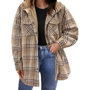 Women Flannel Plaid Shacket Jacket Long Sleeve Button Down Fleece Jackets Fall Winter Coat