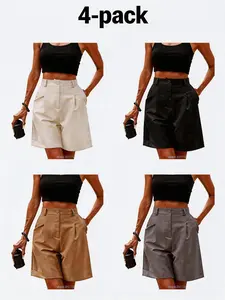 Women's 4-Pack High Waisted Pleated Shorts Casual Tailored Knee Length Dressy Shorts with Pockets for Womenswear Bottom