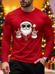Men's Long Sleeve Shirt with Santa Claus Graphic, Festive Casual Wear for Christmas Season, Holiday Style Tee for Men