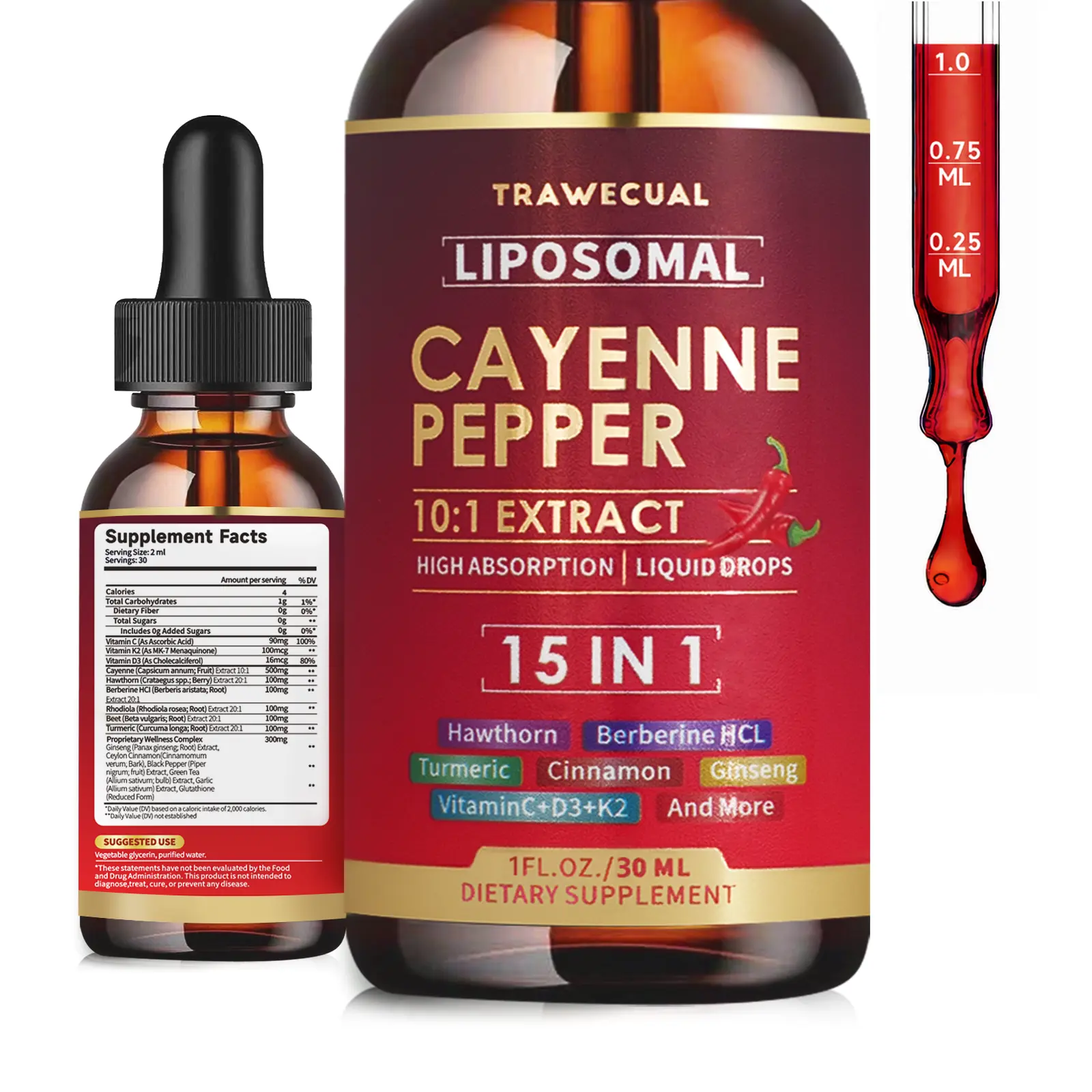 15-in-1 Liposomal Cayenne Pepper 10:1 Extract Drops | Berberine, Cinnamon, Beet, Ginseng, D3 K2 C Glutathione Rhodiola Rosea | Boost Blood Flow, Metabolism & All-Day Energy, 2 Fl Oz Non-GMO Dietary Supplement
