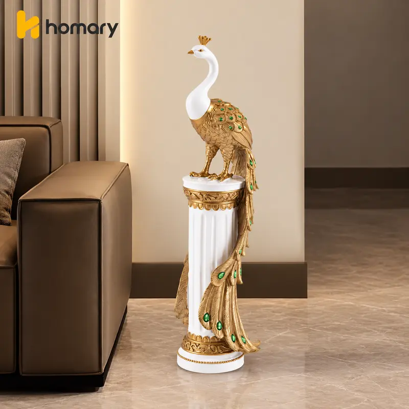 Homary 27.6" Large Glam Resin Peacock Floor Statue - 5.7 lb Glowing Gold-Emerald White Decorative Figurines, Interior Decoration Accessories, Home Ornaments for Living Room Dorm Room