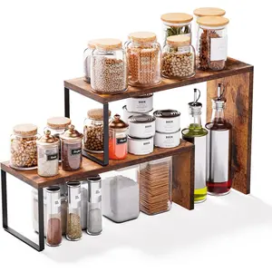 Stackable Kitchen Countertop Spice Rack Organizer Shelf Corner Storage Organization for Pantry Countertop Coffee Station Wood Rustic Brown