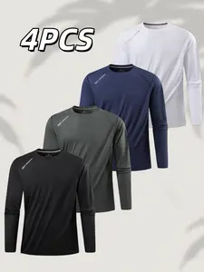 Men's Spring Fall Quick-Dry Long Sleeve Round Neck T-Shirt, Breathable Sports Gym Base Layer, Outdoor Night Run Training Casual Top, Gym Workout Tee