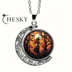 TEWIKY Halloween Gothic Bat Glass Pendant Necklace Victoria Emboss Mystic Witch Necklace Black Mystic Witch 360-Degree Rotatable Moon For Black Friday christmas 2024 ornament