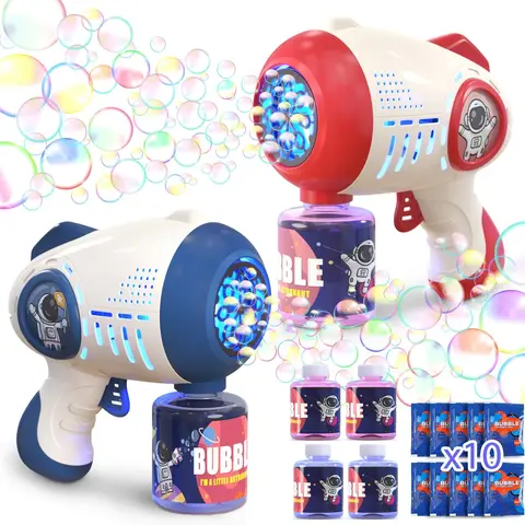 EagleStone 2-Pack Portable Bubble Machine, ABS Light-Up 8-Hole Outlet Blower with 360-Degree Leak-Proof Design, 4 Bottles & 10 Bags Bubbles Refill, Space-Themed Kids Toy for 8-10 Years Celebrations