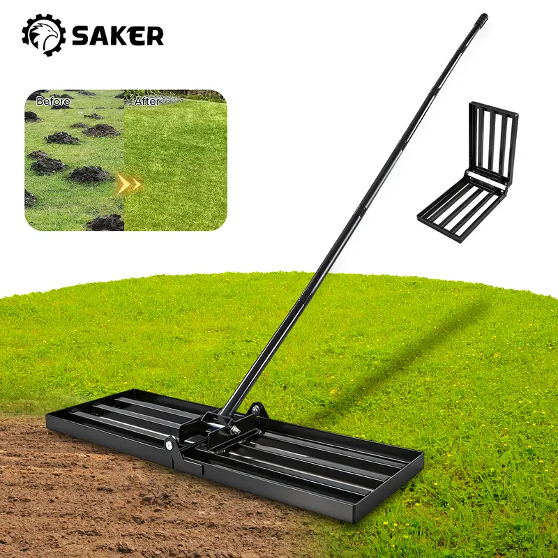 Saker Lawn Leveling Rake 30x10 Inch, 73-Inch Heavy Duty Lawn Leveler Tool with Stainless Steel Handle for Lawns, Backyard, Garden, Farm - Black