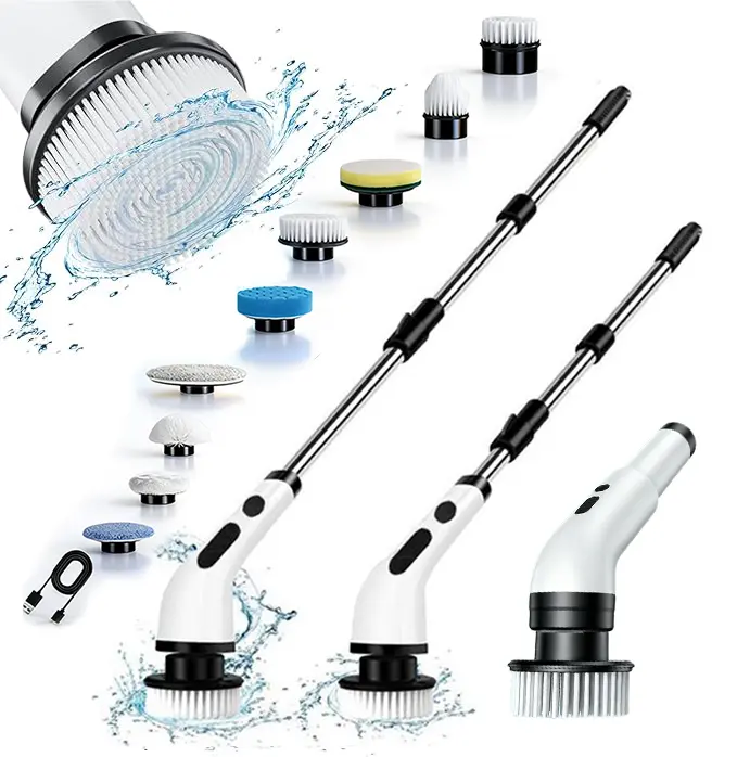 2026 Upgraded Rechargeable Cordless Spin Scrubber, 3-Speed Rotating Cleaning Brush, 9 Replaceable Heads, IPX7 Waterproof, Adjustable Handle, Multi-Surface Cleaner for Bathroom, Kitchen, Home Supplies Bathroom Gadget