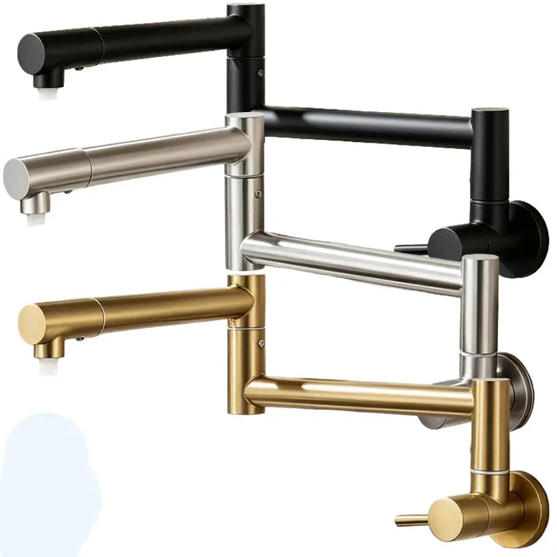 Brushed Gold 304 Stainless Steel Wall-Mounted Pot Filler Kitchen Tap - Foldable, Extendable Double-Joint Swing Arm, Single Hole, 2 Handles, Lever Handle, Ideal for Restaurant Sinks, Foldable Kitchen Tap, Foldable Kitchen Taps, Pot Filler Kitchen Taps