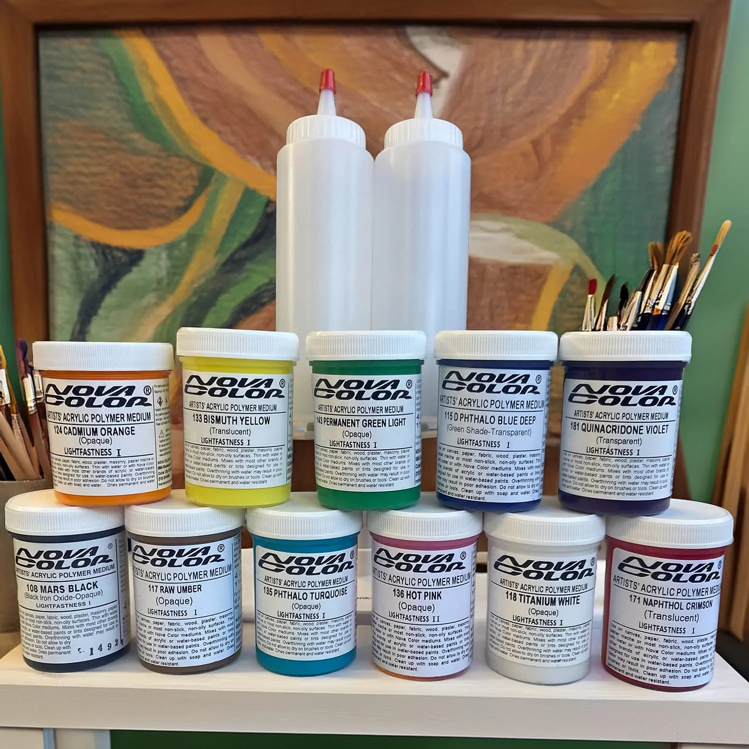 Nova Color Full Spectrum Bundle Set - 11-Color Highly Pigmented 4 oz Acrylic Paint Art Supply, Bold Palette, 6 8 oz Squeeze Bottles, Sponge Brush (16oz Total Free Extras) for Art Projects