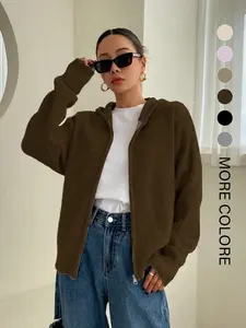 Women's Casual Solid Color Zipper Knit Cardigan Jacket Fall Winter Hooded Soft Warm Sweater, Ladies Fashion Outerwear