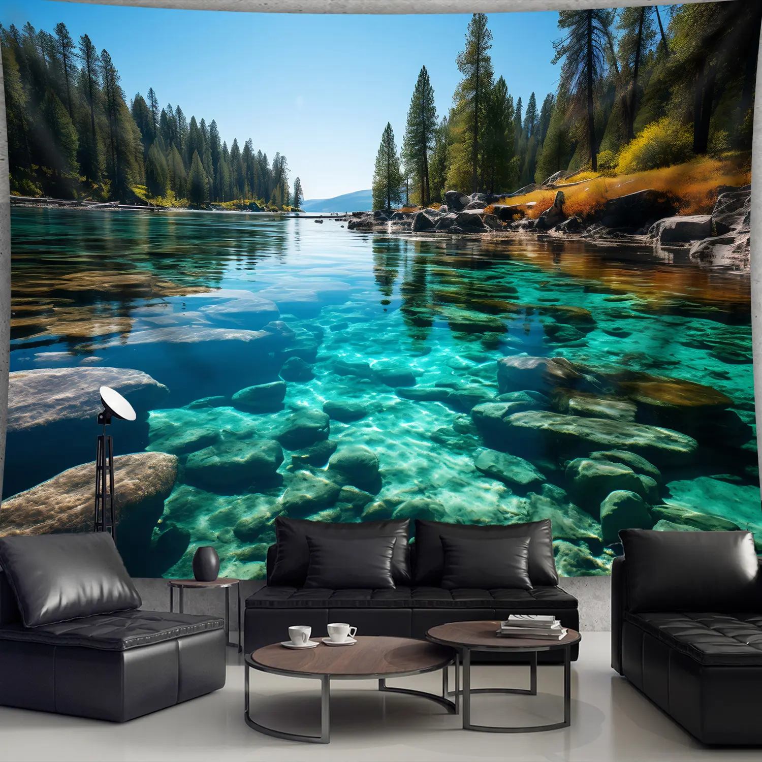 1pc Extra Large Fresh Tranquil Forest Lake Rock Landscape Photo Tapestry - Polyester Aesthetic Decorative Wall Hanging for Living Room, Bedroom - Easy Install, No Power Needed Home Decor