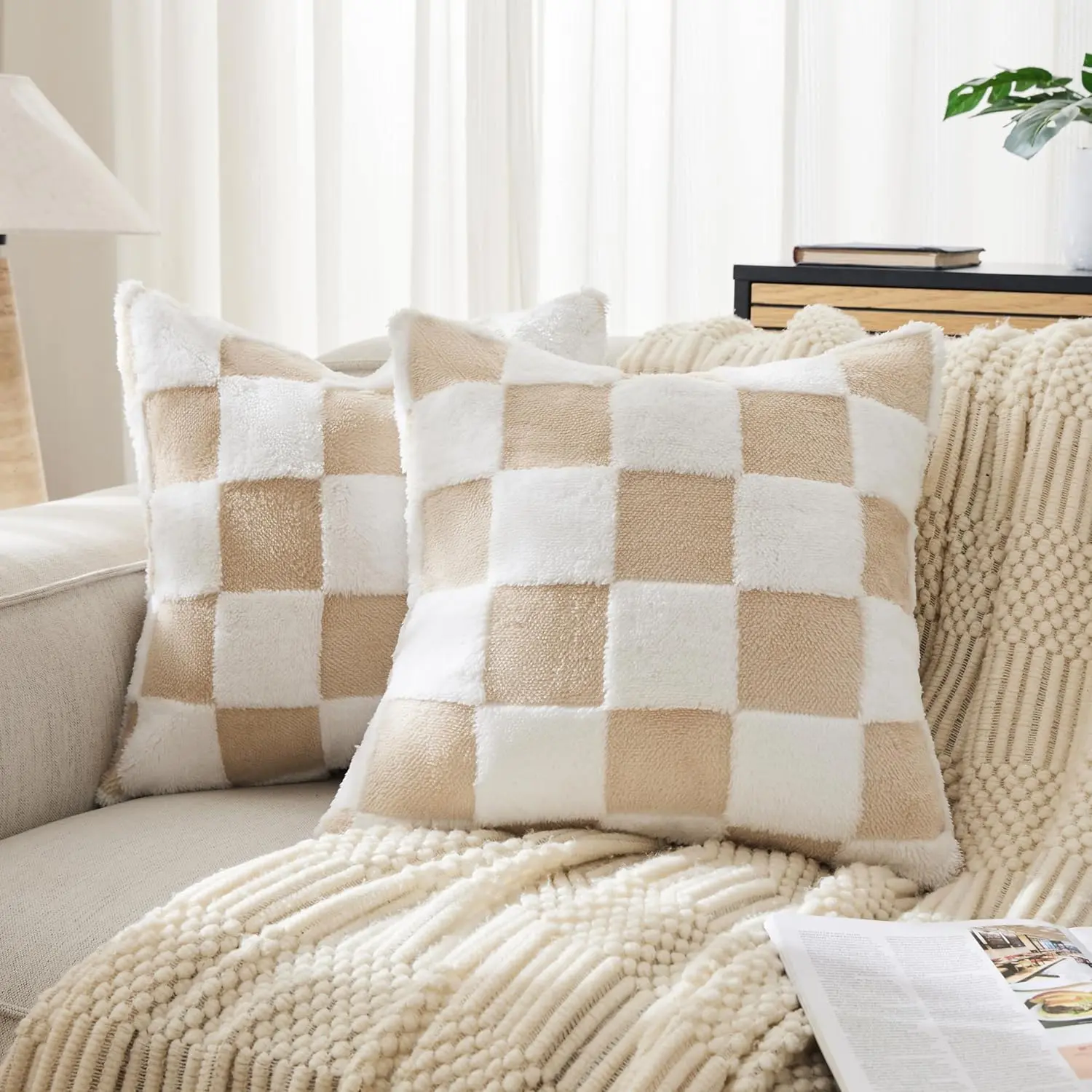 Set of 2 18x18 in Checkered Print Fluffy Texture Boho Jacquard Shag Cushion Covers, Beige Sand Boho Home Decor Soft Cases for Couch, Bedroom