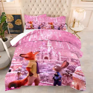 2/3Pcs Zootopia Pink Crystal Castle Printed Comforter Set,Dreamy Princess-Style Quilt Bedding Set, Skin-Friendly and Soft, Suitable for All Seasons, Perfect for Creating A Romantic Bedroom for Girls and Anime Fans.