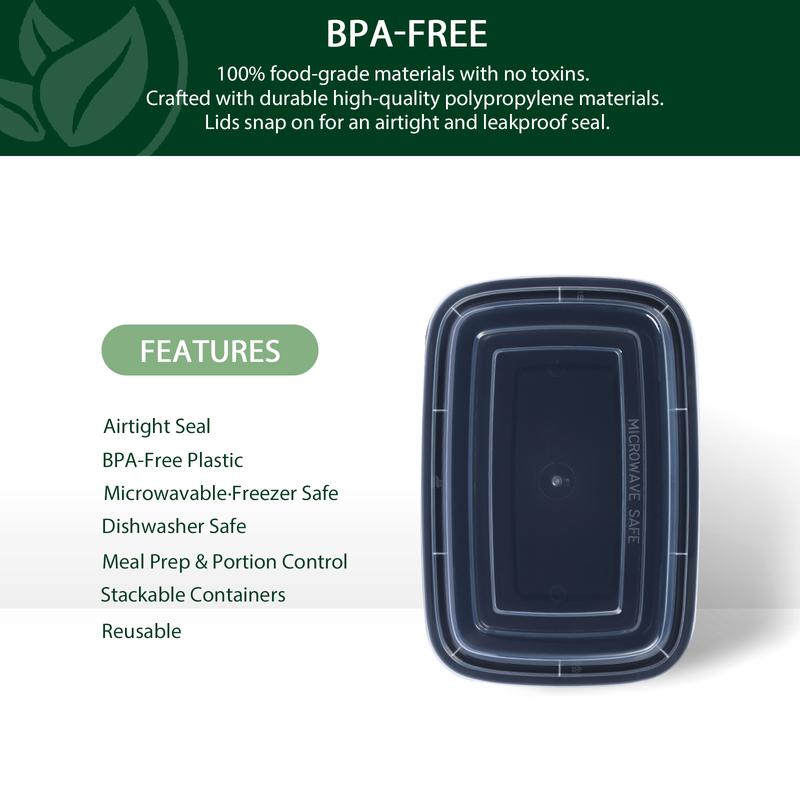 28oz 50/150pk Rectangle Black Meal Prep Containers with Lids, Party Plates, Catering Plates, Reusable, Stackable, and Microwave Safe