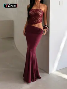 Women's Solid Color Lace Patchwork Dress, Elegant Casual Fashion, Perfect for Daily Wear & Special Occasions