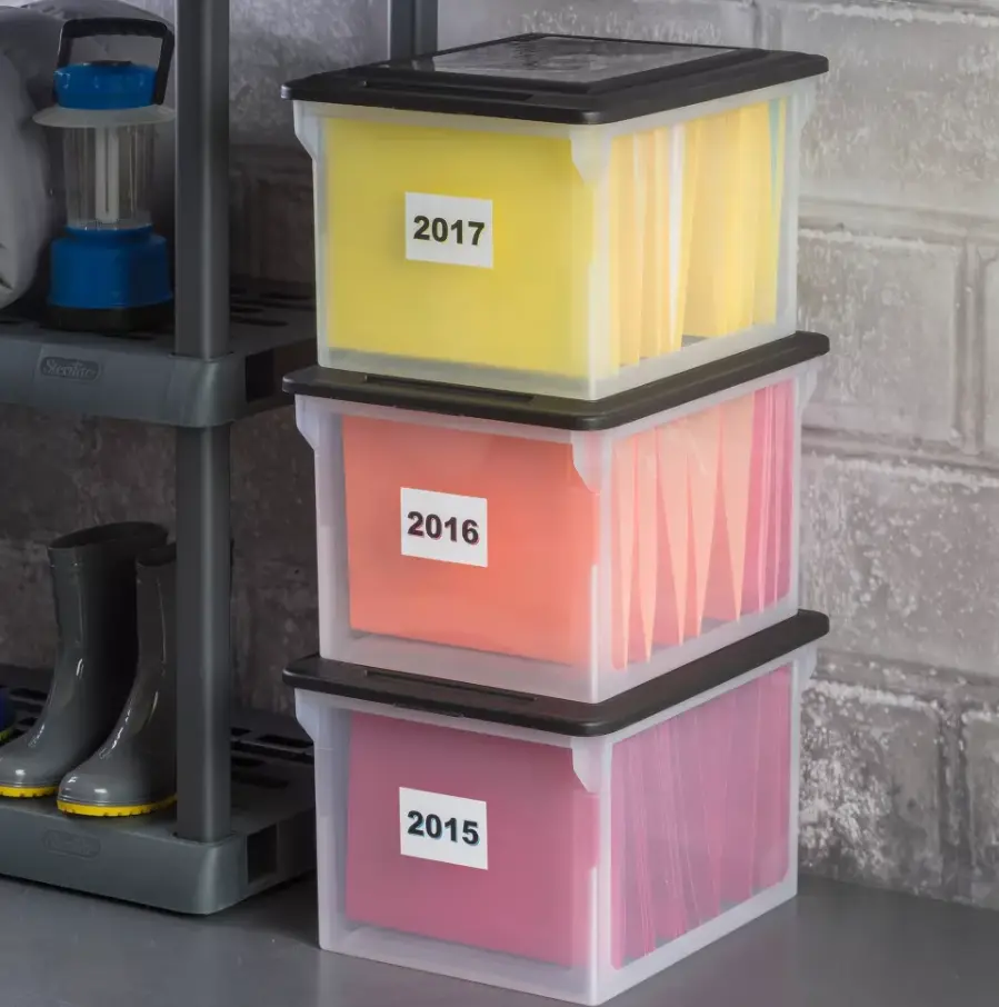 Plastic File Storage Box 18.5" x 14", Black Lid Stackable Document Organizer with Handle for Office Home Paper Letter Folder Storage