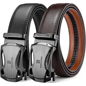 Mens Belt Leather 2 Pack Ratchet Belt For Men Dress and Casual with Adjustable Buckle, Trim to Fit