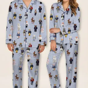 Pajamas Set for Women, Pajamas Bear Set for Women, Cute Bear Print Pajamas, Casual Long Sleeve Shirt & Elastic Pants, Soft Stretch Fabric, Comfortable outdoorfun