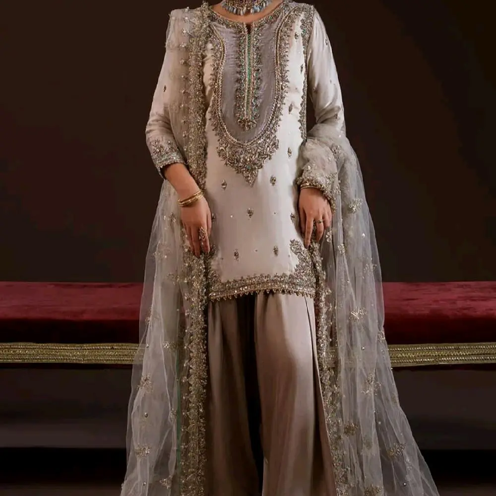 Elegant Embroidered Gown with Long Sleeves and Sheer Netting for Women