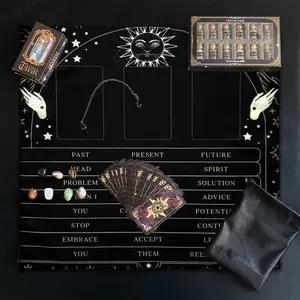 6PC Tarot Card Reading Set, 1 set of 78 Tarot Cards, 1 set of 12 Mineral Bottles, 1 set of 7 Chakra Stones, 1 polyester drawstring bag, 1 tablecloth, 1 pendant. This is a 6-piece set of astrology Divination gifts for Tarot scholars.