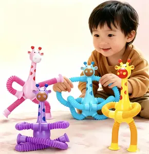 4 Pcs Pop Tubes Giraffe Stress Toys Travel Airplane Road Trip Car Activities Essential, Telescopic Suction Cup Sensory Fidget Toys,Screen-Free Activity for Toddler 3+ and Kids, Stocking Stuffers for Kids