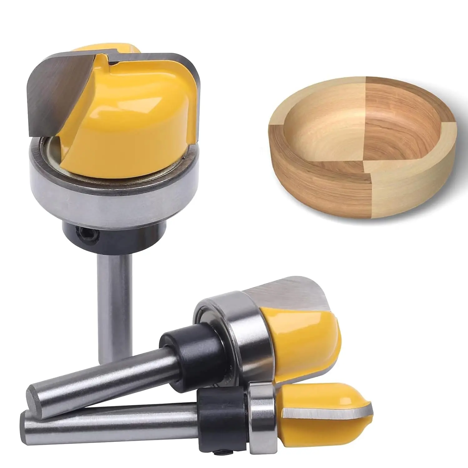 3Pcs High-Quality Alloy Steel Dish Carving Router Bit Set, Universal 1/4" Shank, 1-1/8" Diameter, Ball Bearing, for Table Mount Routers, Boxes, Small Bowls, Softwoods, Woodworking Beginners