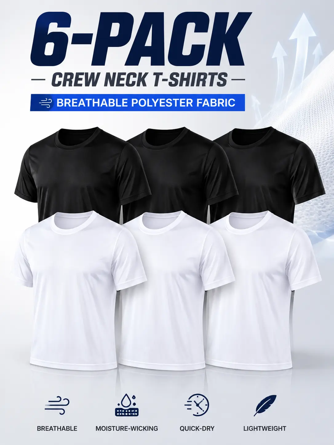 Men's 6-Pack Plain Polyester Crew Neck Shortsleeve Tshirts - Quick-Drying, Moisture-Wicking, Breathable, Cool, 4-Way Stretch Athletic Sportswear Layer - Suitable for Gym Workouts, Running