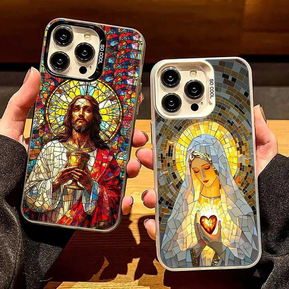 Stained Glass Christian Smartphone Case - Anti-Drop Hard Casing with Jesus & Virgin Mary Mosaic Art for iPhone 17,16,15,14,13,12,11 Pro Max, Cellphone Protection Accessory for iPhone Series