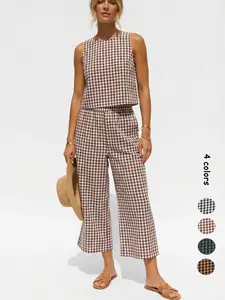 Women's Summer Plaid Vest Set, Elastic Waist Pocket Wide Leg Pants, Casual Comfortable Beach Vacation, Daily Wear, Casual Fashion Set