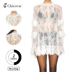 Chicovar NO Lining! Women’s Sheer Black Lace Mini Dress, See Through, Unlined Long Sleeve Crew Neck Elegant Cocktail Dress with Ruffled Hem, Concert, Party, Evening Wear, Summervibes, Fashion